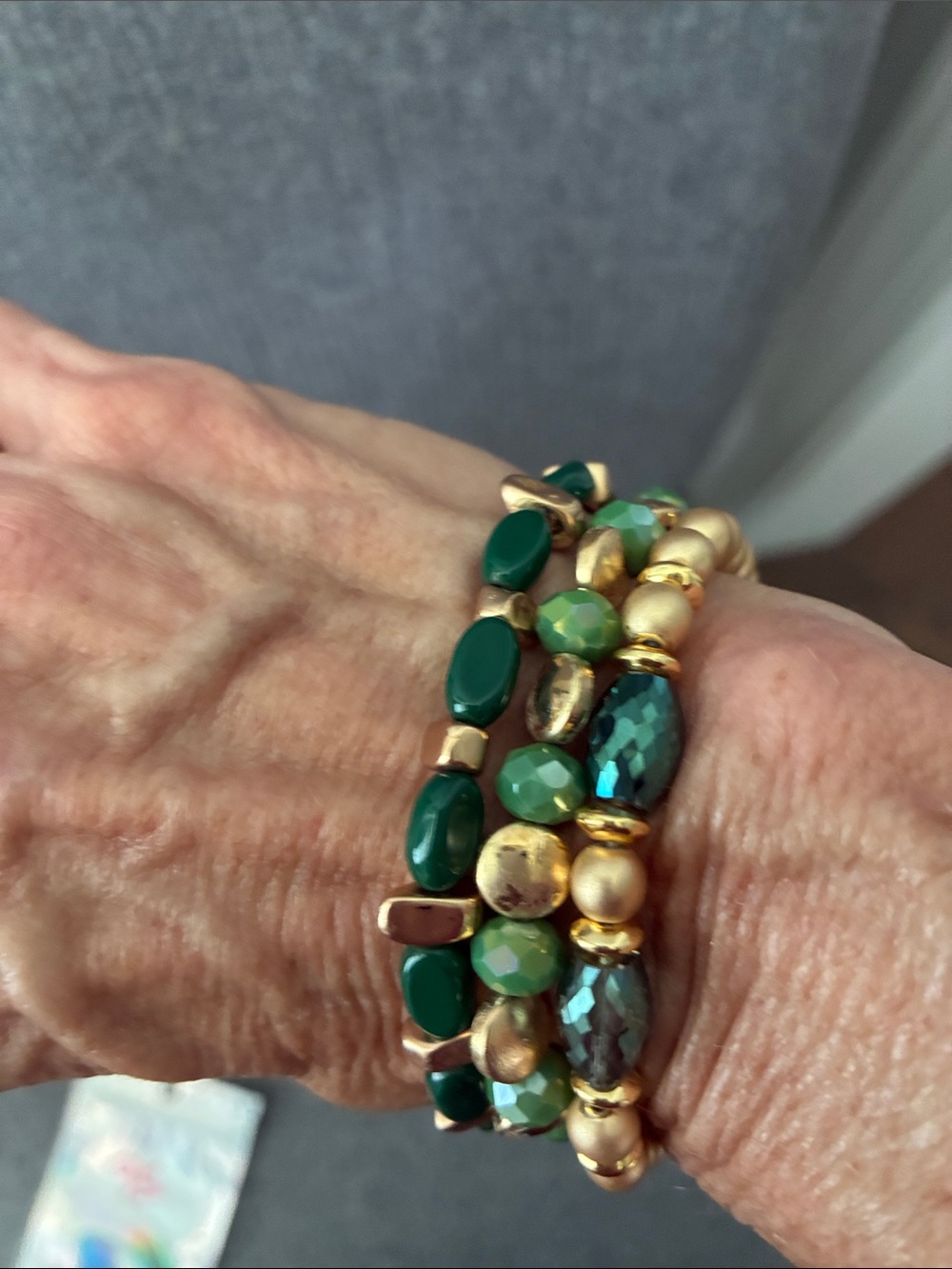 Gold and Emerald Green Beaded Stretch Bracelet Stack